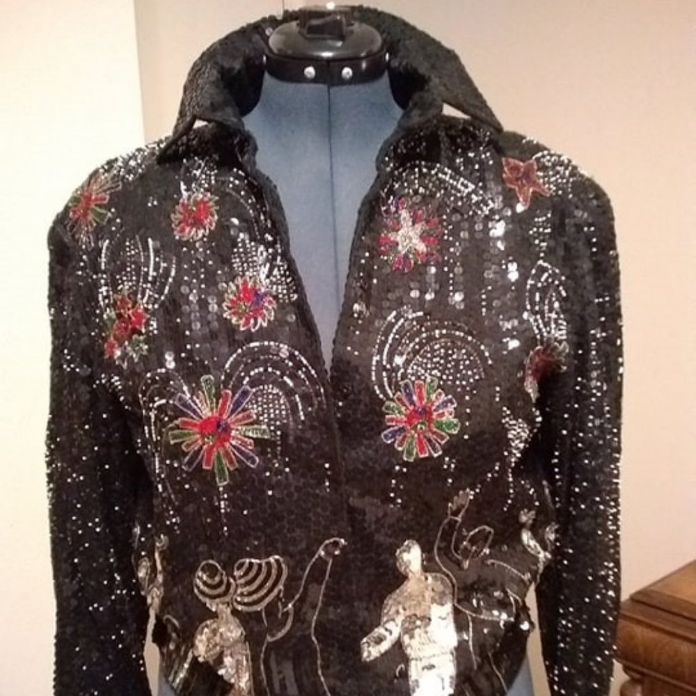 Rare "Just Fabulous NYC" Black Sequin Biker Bomber Jacket Fireworks Design